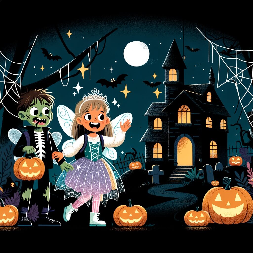 Une illustration pour enfants représentant une petite fille enthousiaste à propos d'Halloween, qui se déguise en fée et se promène dans les rues décorées de citrouilles et de toiles d'araignées.