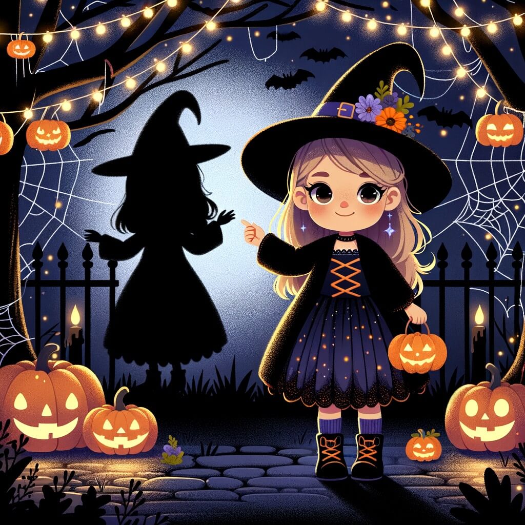 Une illustration pour enfants représentant une petite fille déguisée en sorcière qui se promène dans les rues décorées de citrouilles et de toiles d'araignées pour fêter Halloween.