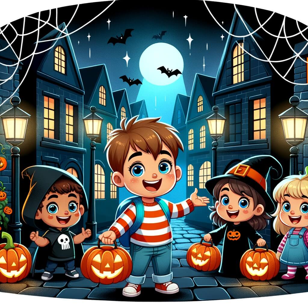 Une illustration pour enfants représentant un petit garçon plein d'enthousiasme se préparant pour Halloween dans un quartier mystérieux et animé.