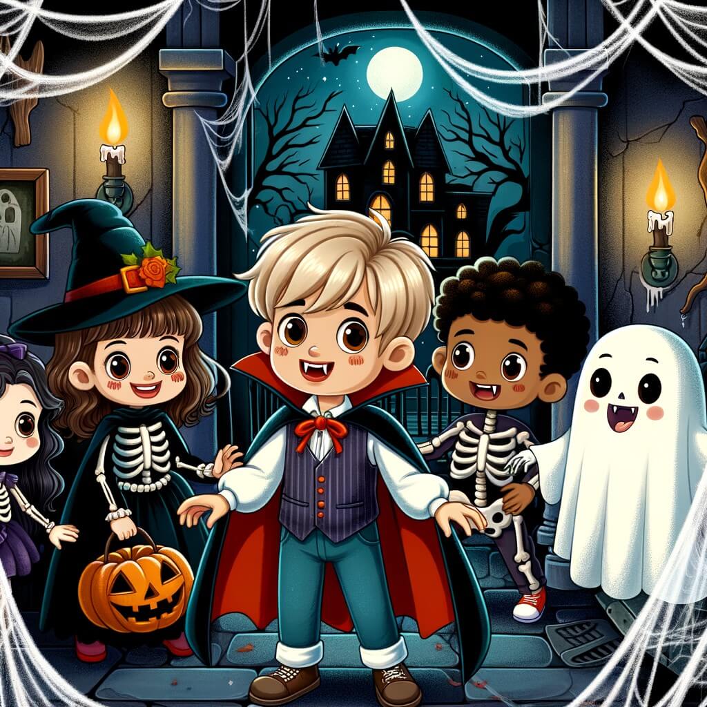 Une illustration destinée aux enfants représentant un petit garçon déguisé en vampire, explorant une maison hantée lors d'une soirée d'Halloween, accompagné de ses amis, dans une vieille demeure sombre et pleine de toiles d'araignées.