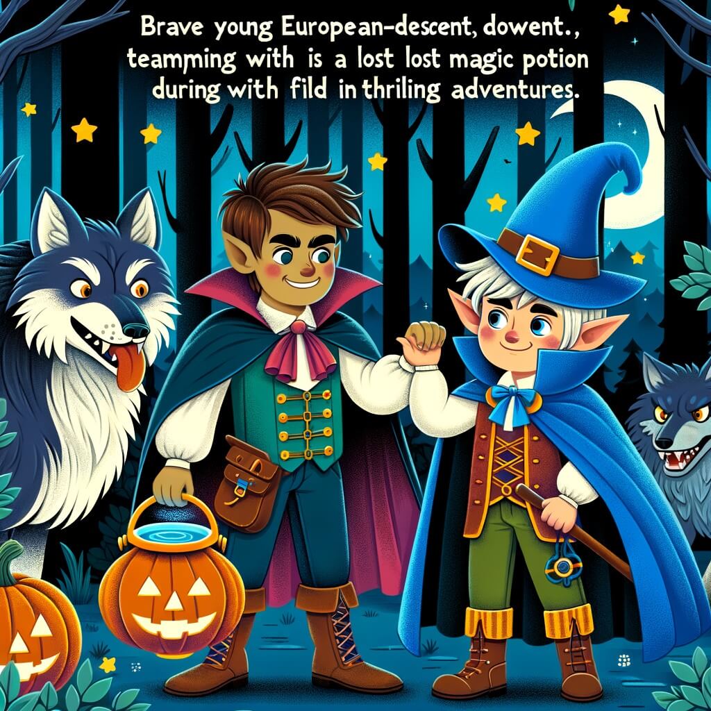 Une illustration pour enfants représentant un petit garçon déguisé en vampire qui se retrouve plongé dans une aventure magique à la recherche d'une potion mystérieuse, dans une forêt hantée lors de la soirée d'Halloween.
