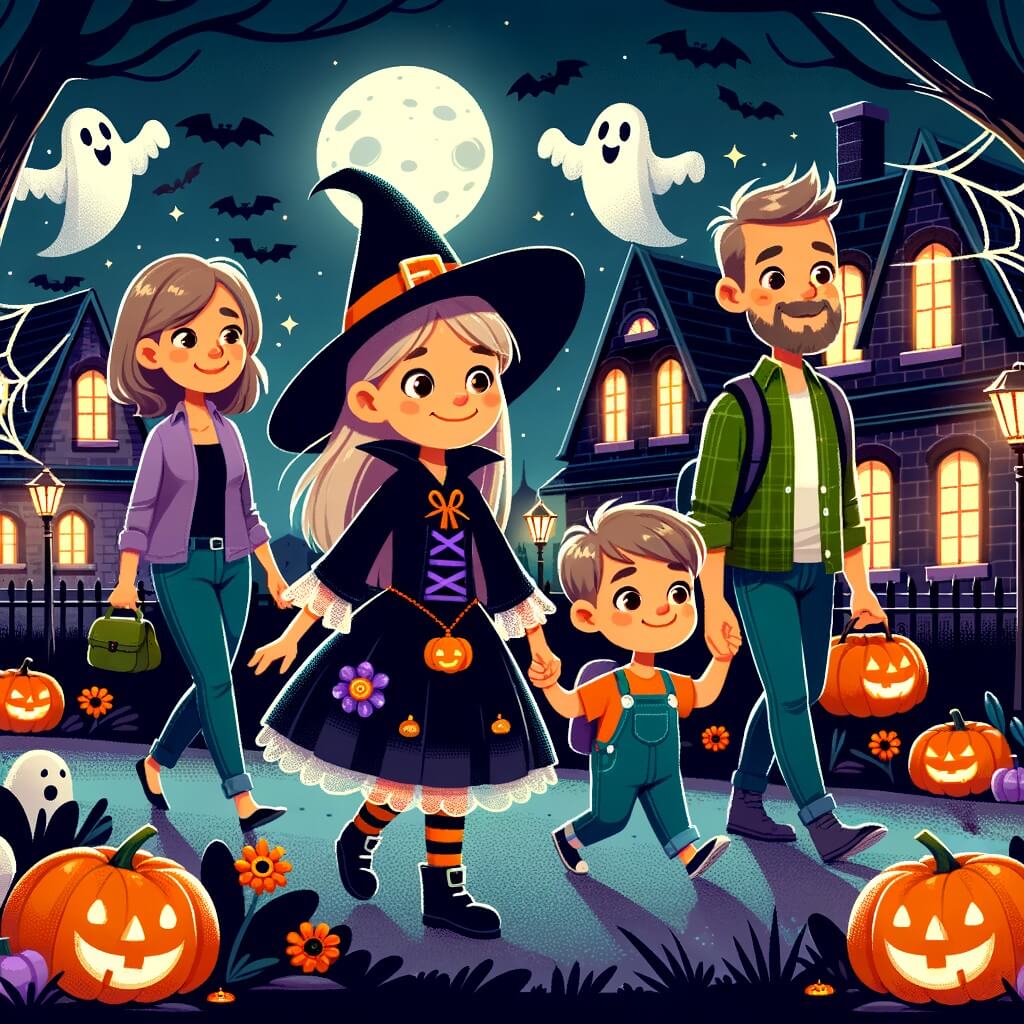 Une illustration pour enfants représentant une petite fille déguisée en adorable sorcière, se perdant dans une maison mystérieuse lors d'une nuit d'Halloween enchantée.