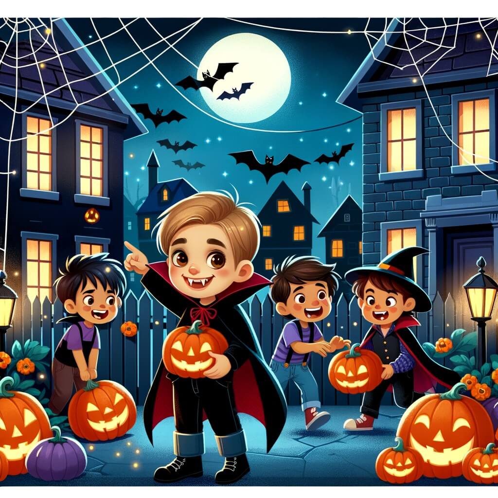 Une illustration destinée aux enfants représentant un petit garçon plein d'enthousiasme, se déguisant en vampire, explorant une sombre maison hantée avec ses amis, dans un quartier décoré de toiles d'araignée et de citrouilles lumineuses.