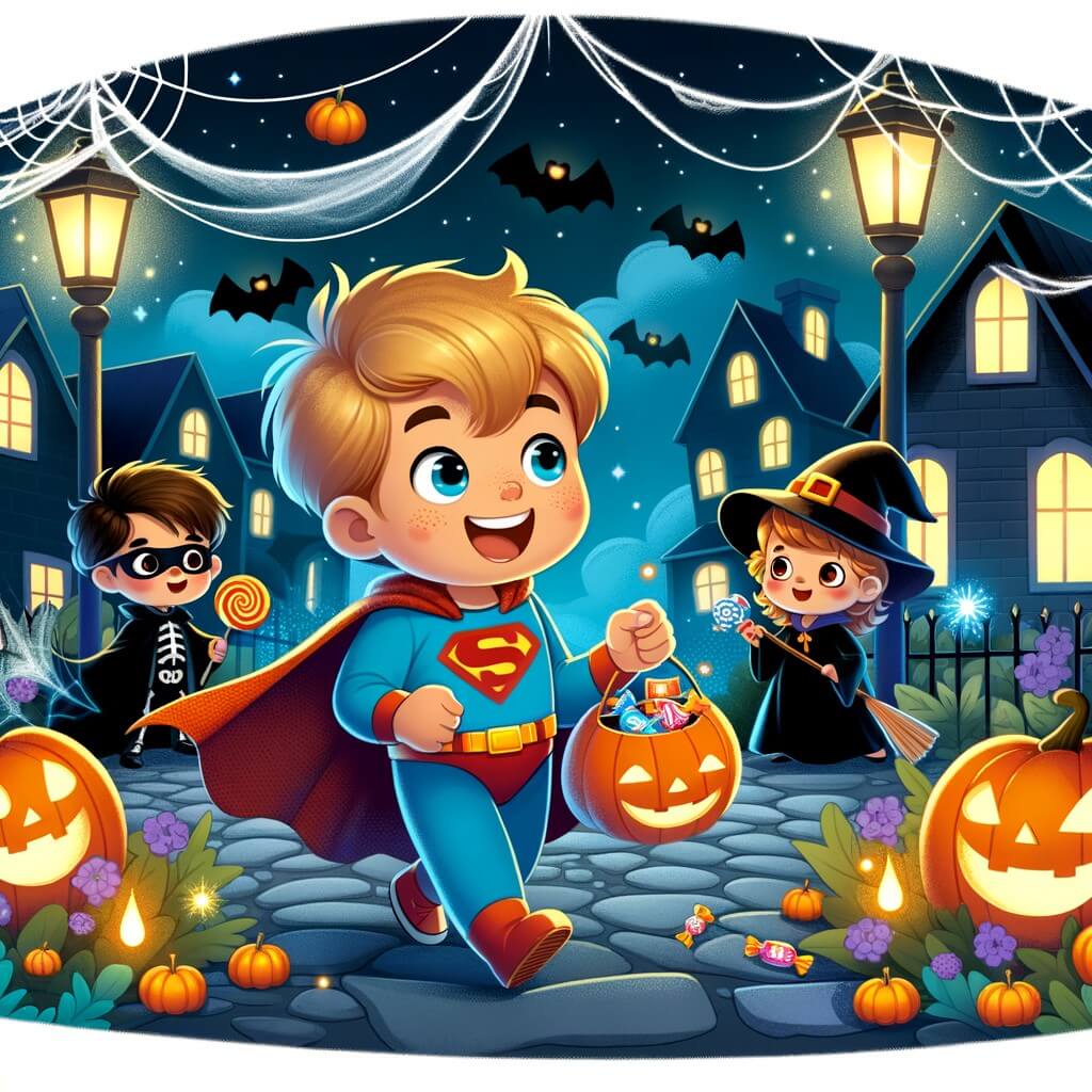 Une illustration pour enfants représentant un petit garçon plein d'excitation, se préparant pour une soirée d'Halloween pleine de surprises, dans un quartier décoré de citrouilles lumineuses et de toiles d'araignée.
