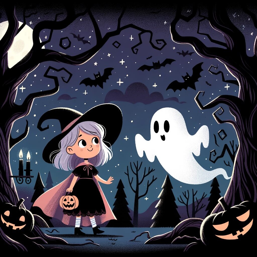 Une illustration pour enfants représentant une petite fille déguisée en sorcière, se retrouvant dans une mystérieuse forêt enchantée lors de sa quête de bonbons d'Halloween.