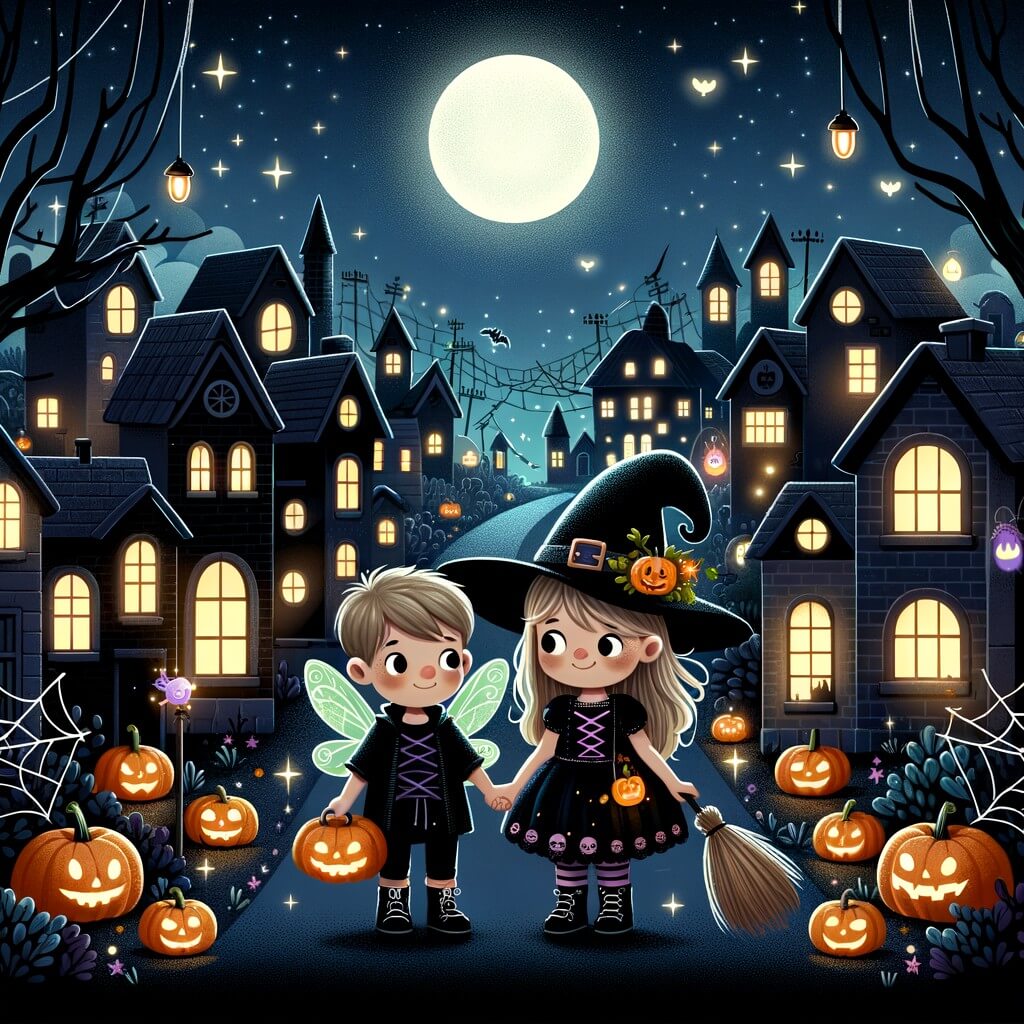 Une illustration destinée aux enfants représentant une petite fille déguisée en sorcière, accompagnée d'une amie déguisée en fée, explorant un quartier sombre et mystérieux rempli de maisons décorées avec des citrouilles lumineuses et des toiles d'araignée, le tout sous un ciel étoilé et une lune pleine.