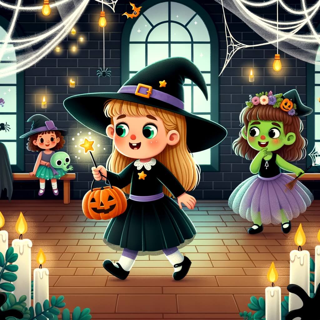 Une illustration pour enfants représentant une petite fille excitée, prête à vivre une aventure magique lors d'une fête d'Halloween dans un mystérieux passage secret.