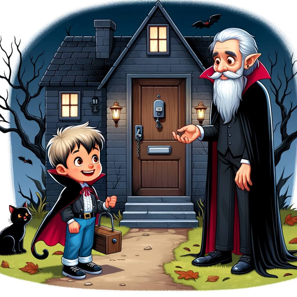 Une illustration pour enfants représentant un petit garçon déguisé en vampire, qui sonne aux portes pour récolter des bonbons lors d'Halloween, dans le quartier sombre et mystérieux de sa ville.