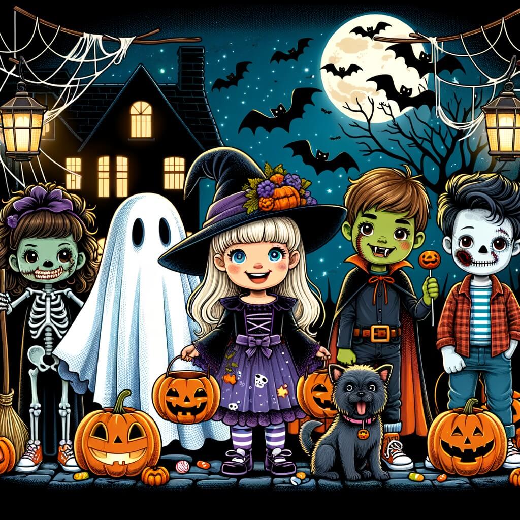 Une illustration pour enfants représentant une petite fille cherchant un déguisement original et effrayant pour Halloween, dans un quartier décoré de citrouilles et de fantômes.