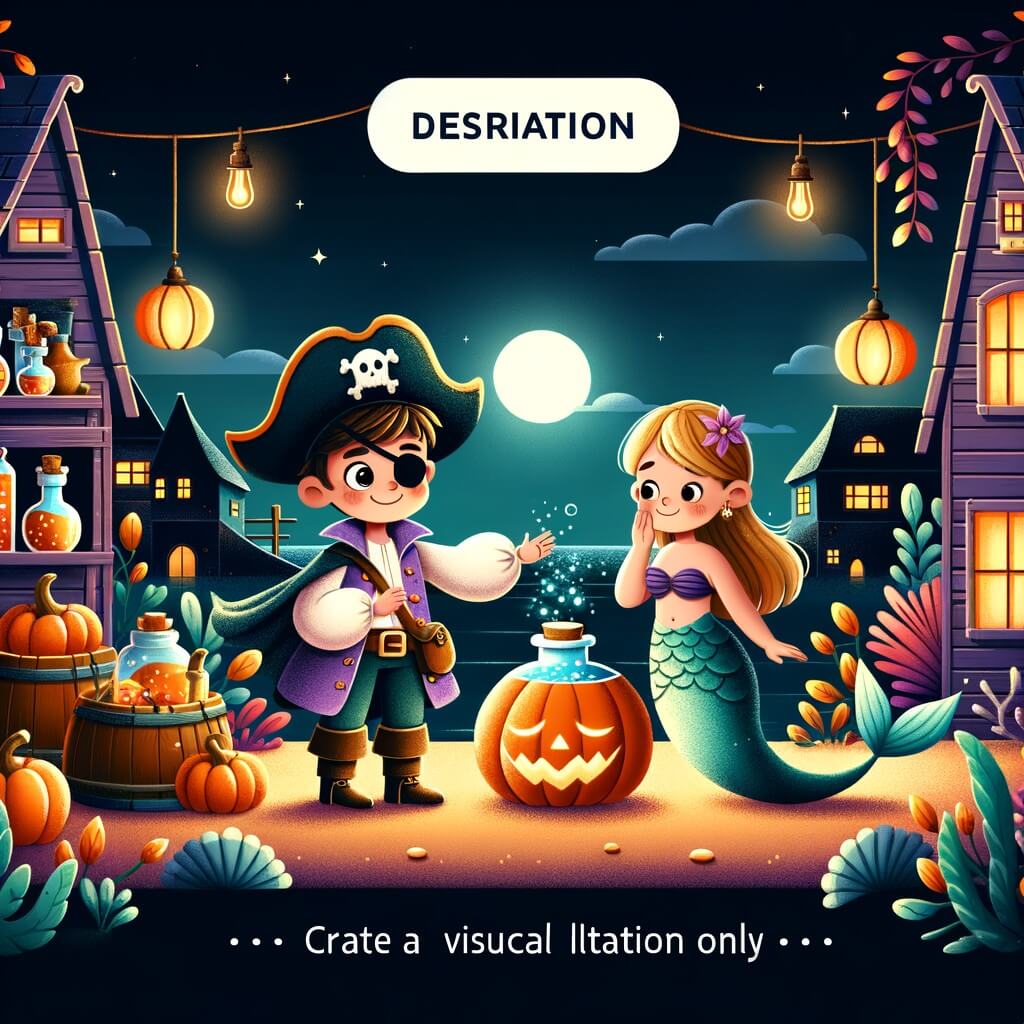 Une illustration pour enfants représentant un petit garçon déguisé en pirate découvrant un mystère dans la cave de sa maison, la veille de Halloween, dans un village tranquille.