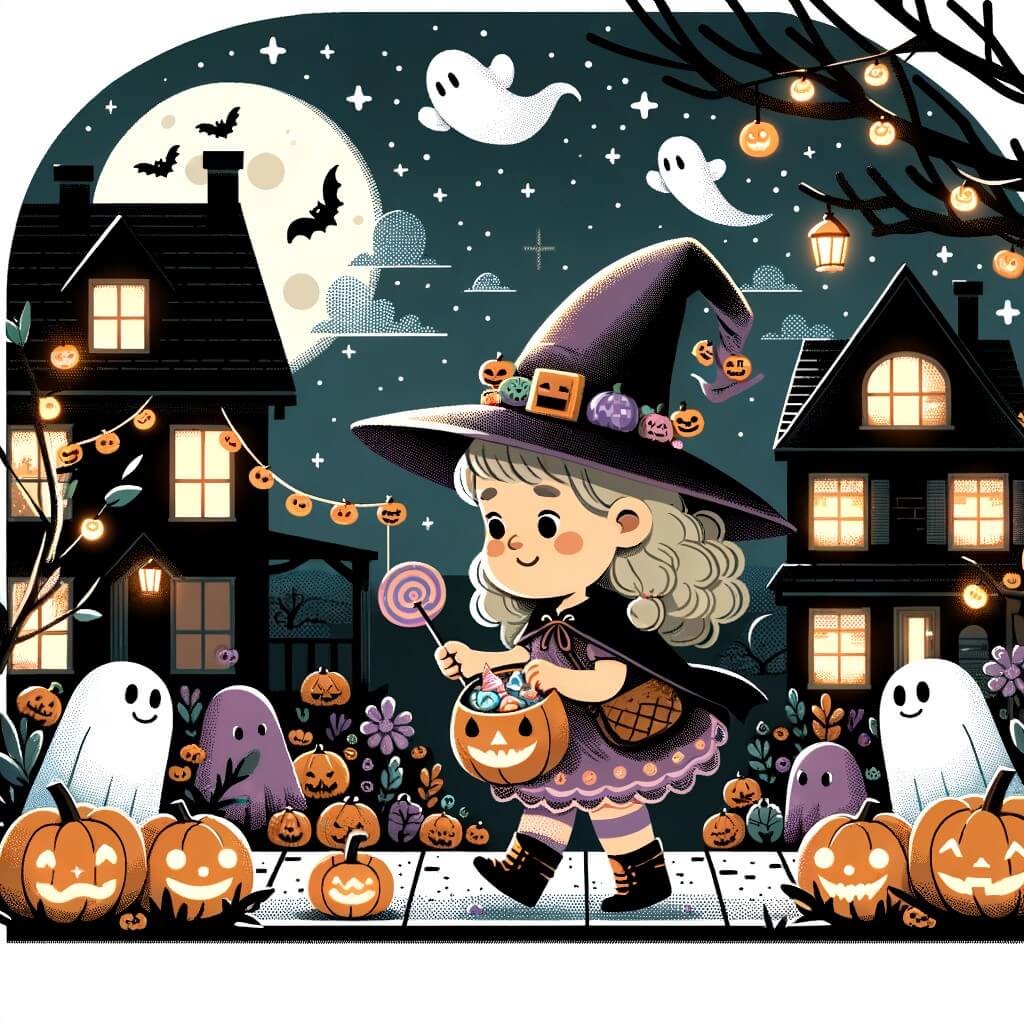 Une illustration destinée aux enfants représentant une petite fille déguisée en sorcière, qui cherche des bonbons avec ses amis dans un quartier rempli de maisons décorées avec des citrouilles lumineuses et des fantômes suspendus aux arbres.