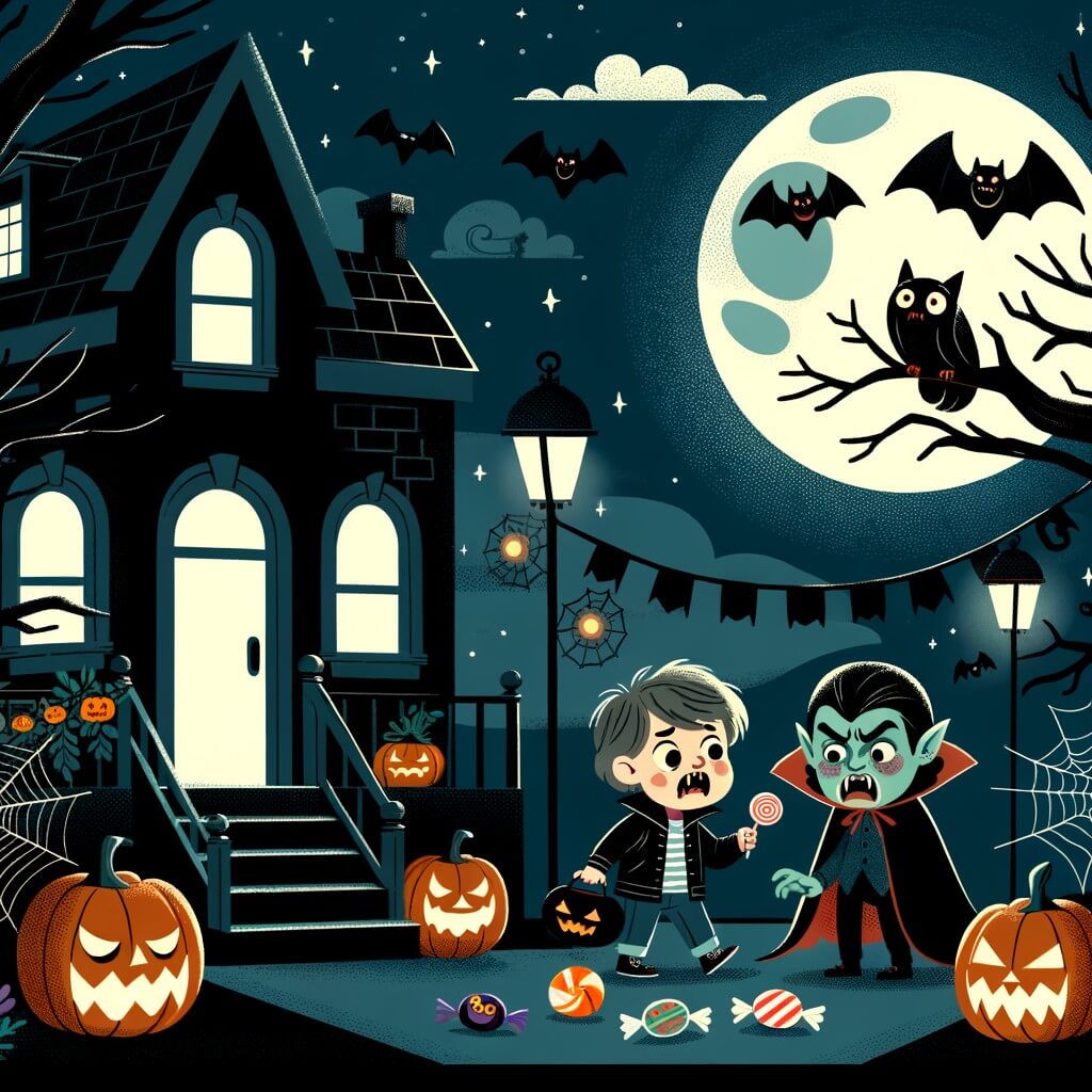 Une illustration pour enfants représentant un petit garçon déguisé en vampire effrayant, qui explore une mystérieuse maison hantée lors d'une nuit d'Halloween.