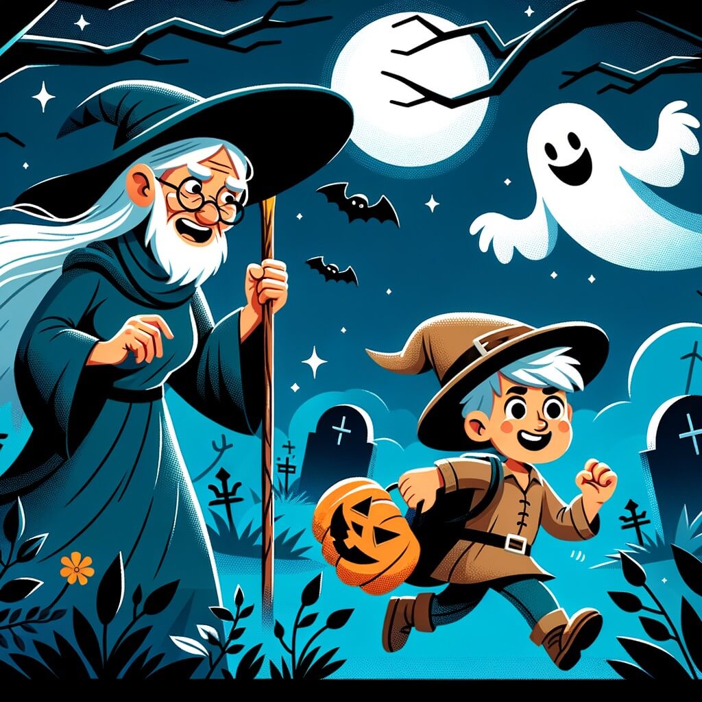 Une illustration pour enfants représentant un petit garçon déterminé qui cherche désespérément son déguisement volé dans une mystérieuse boutique, située dans la vieille partie de la ville, la veille d'Halloween.