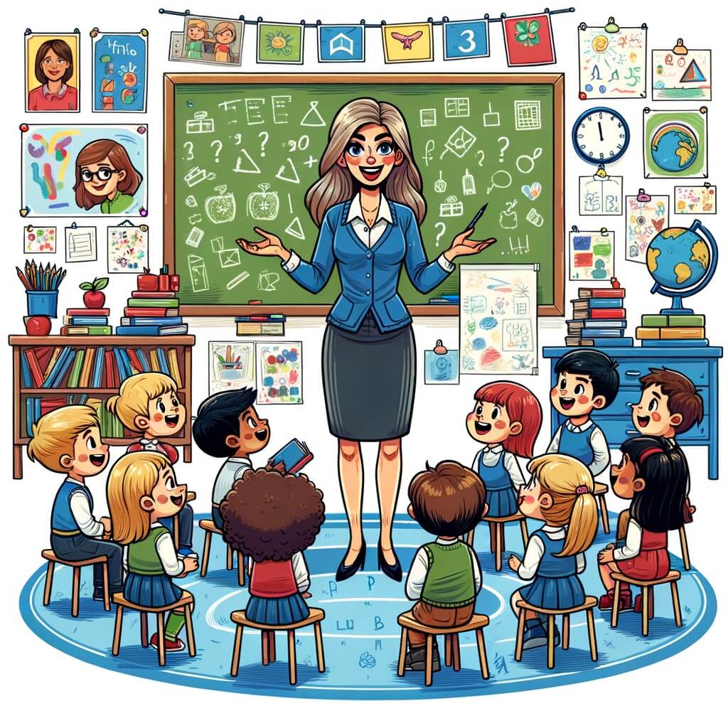 Une illustration destinée aux enfants représentant une femme institutrice passionnée, entourée de ses élèves curieux, dans une salle de classe lumineuse et colorée, remplie de livres, de tableaux et de dessins accrochés aux murs.