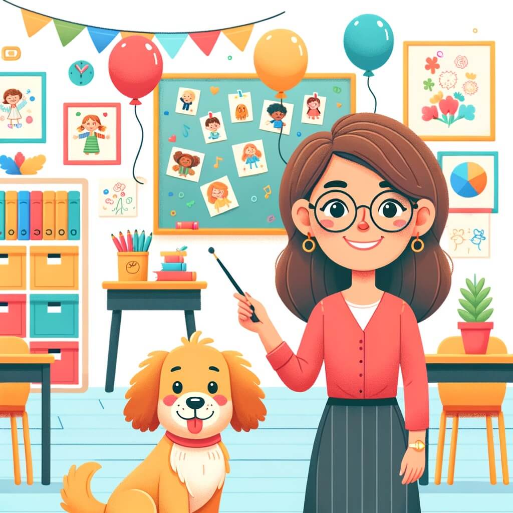 Une illustration pour enfants représentant une jeune femme pleine d'énergie et de passion, enseignant dans une petite école de campagne et offrant à ses élèves des moments de joie et d'apprentissage inoubliables.