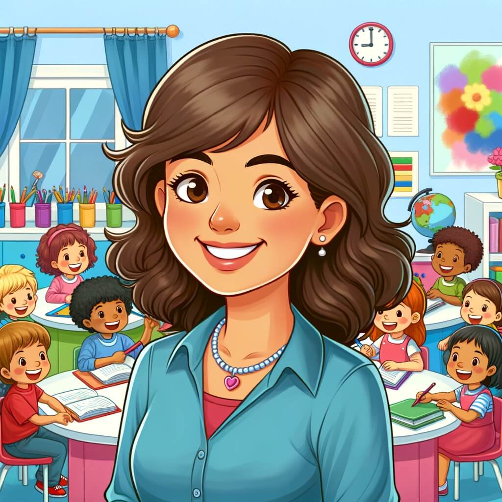 Une illustration destinée aux enfants représentant une jeune femme souriante et dynamique, entourée d'une classe joyeuse, dans une salle de classe lumineuse et colorée remplie de livres, de dessins et de matériel scolaire.