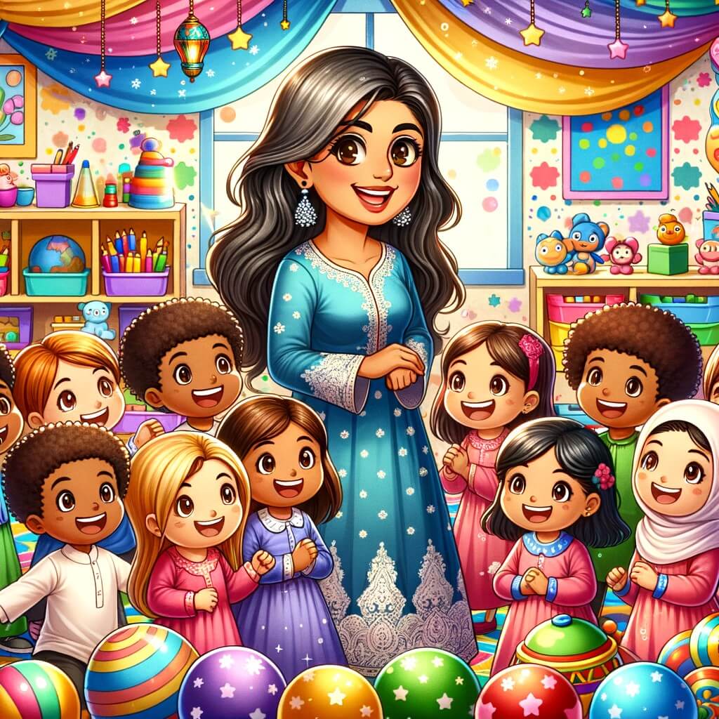 Une illustration destinée aux enfants représentant un instituteur souriant, entouré d'enfants joyeux, dans une salle de classe magique remplie de couleurs vives, de jouets et de livres.