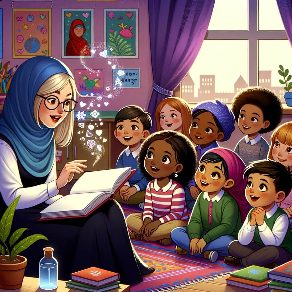 Une illustration pour enfants représentant un instituteur bienveillant et passionné, captivant ses élèves avec des histoires magiques, dans une classe colorée et chaleureuse.