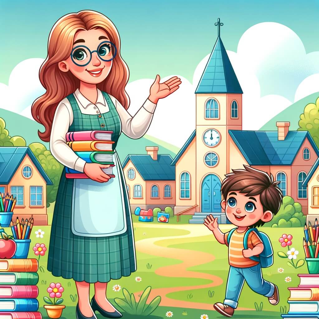 Une illustration destinée aux enfants représentant une institutrice bienveillante et joyeuse dans un village paisible, accompagnée d'un enfant curieux, découvrant l'école colorée et remplie de livres et de jeux éducatifs.