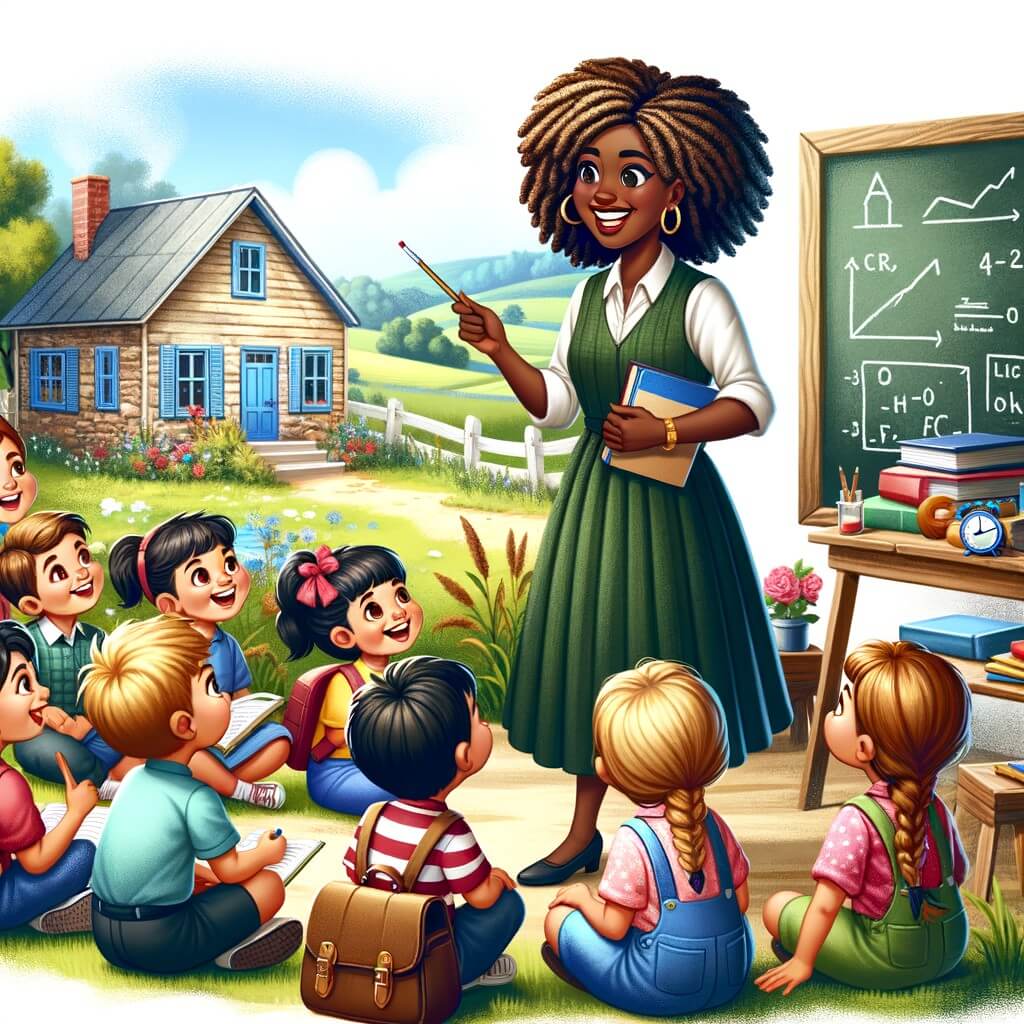Une illustration pour enfants représentant une jeune institutrice pleine de vie et de joie, enseignant à des enfants curieux dans une charmante école de campagne.
