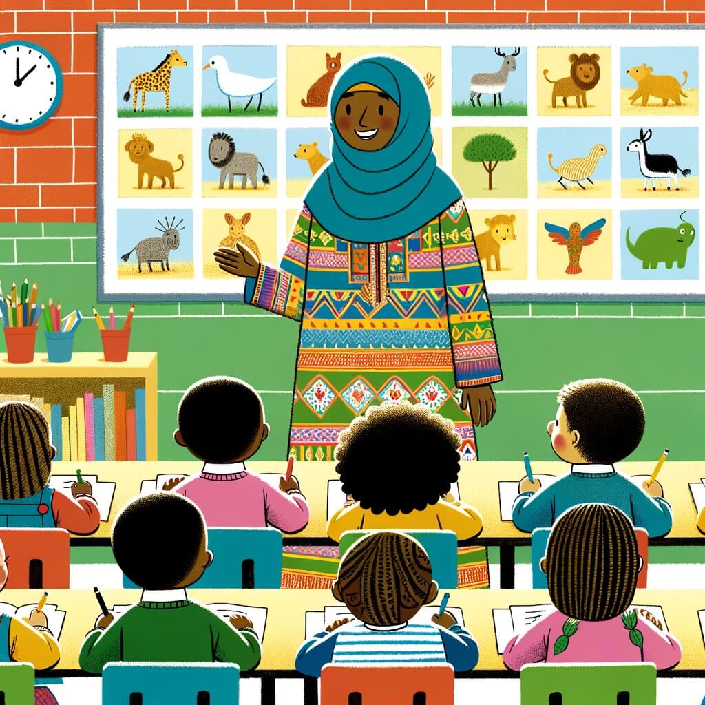 Une illustration destinée aux enfants représentant un instituteur bienveillant, vêtu d'un costume coloré, enseignant à une classe joyeuse remplie d'enfants curieux dans une salle de classe lumineuse et décorée de dessins d'animaux.