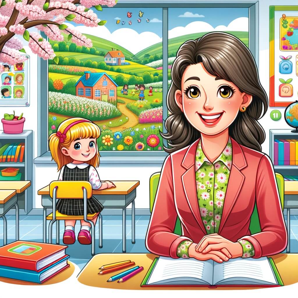 Une illustration pour enfants représentant une jeune femme souriante et énergique, institutrice de son état, qui prépare sa première classe dans une petite école de campagne.