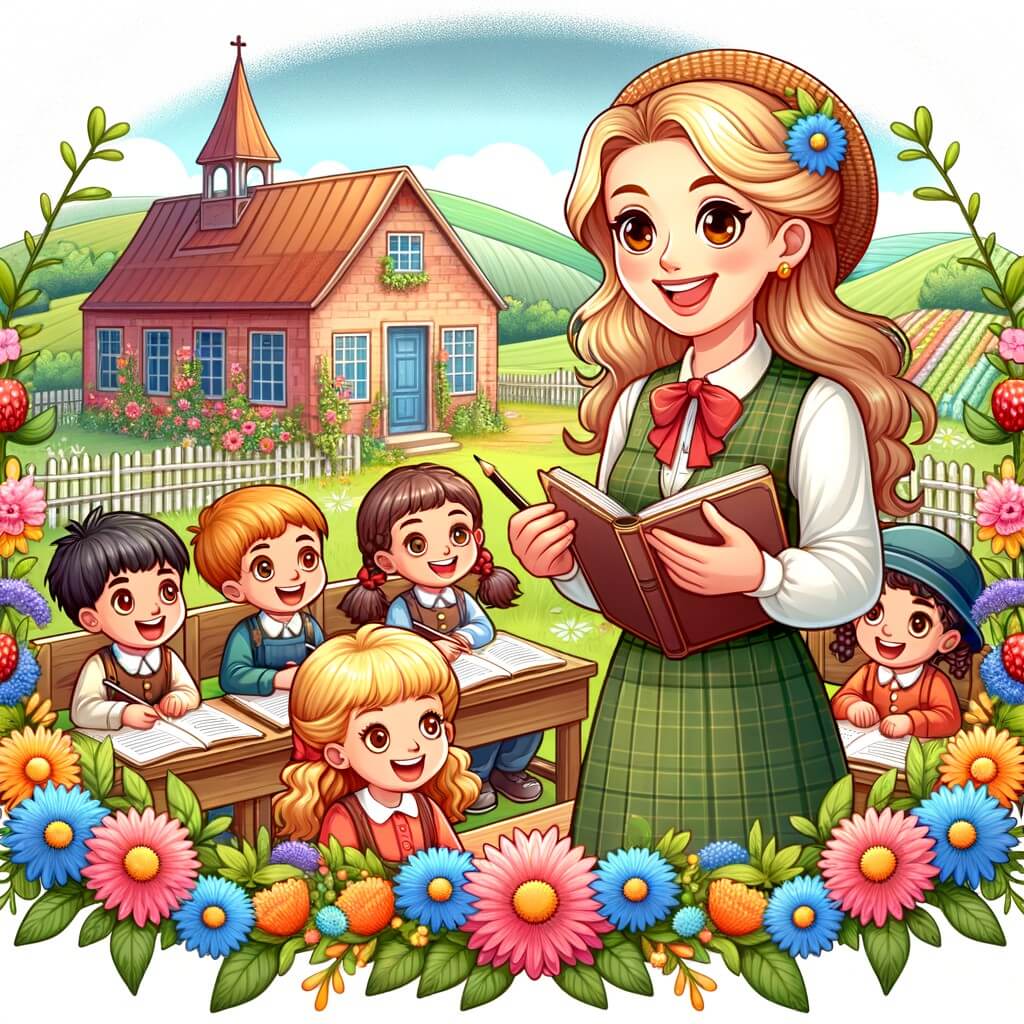 Une illustration destinée aux enfants représentant une institutrice joyeuse et passionnée, entourée de ses élèves curieux, dans une petite école de campagne entourée de verdure et de fleurs colorées.
