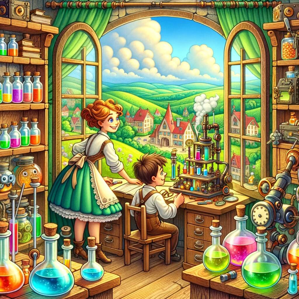 Une illustration destinée aux enfants représentant une femme inventrice talentueuse, accompagnée de son jeune assistant, qui travaille dans un laboratoire rempli d'étagères remplies de bocaux colorés, d'outils étincelants et d'étranges machines fumantes, situé au sommet d'une colline verdoyante, avec une vue panoramique sur une ville animée et un ciel rempli de nuages douillets.