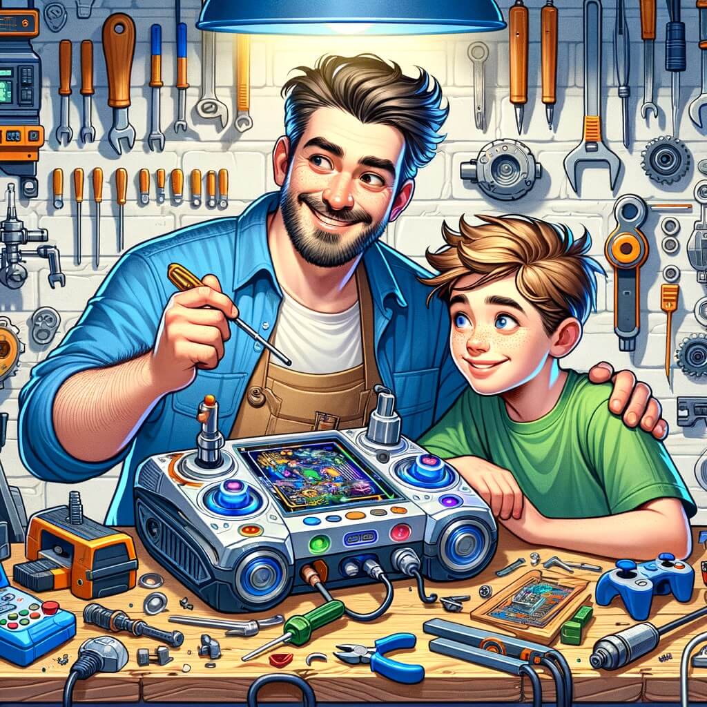 Une illustration destinée aux enfants représentant un homme énergique et curieux, ayant pour compagnon son fils, dans un atelier rempli d'outils et de machines, où ils inventent une console de jeu qui permet de faire du sport tout en s'amusant.