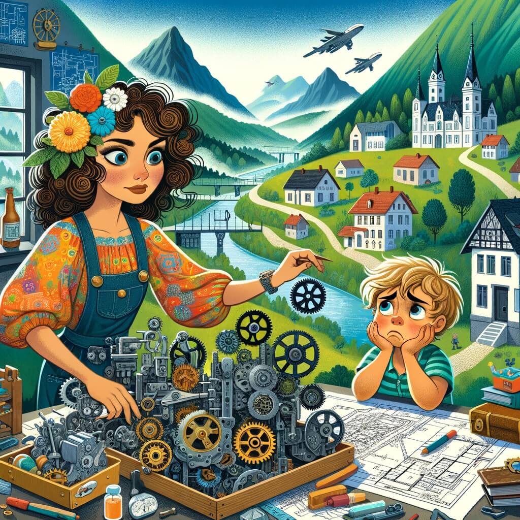 Une illustration destinée aux enfants représentant une jeune femme aux cheveux bouclés, vêtue d'une blouse colorée, qui invente des machines incroyables dans sa chambre remplie de rouages, d'outils et de plans, avec un petit garçon triste tenant un jouet cassé, dans une petite ville pittoresque entourée de montagnes verdoyantes et traversée par une rivière scintillante.