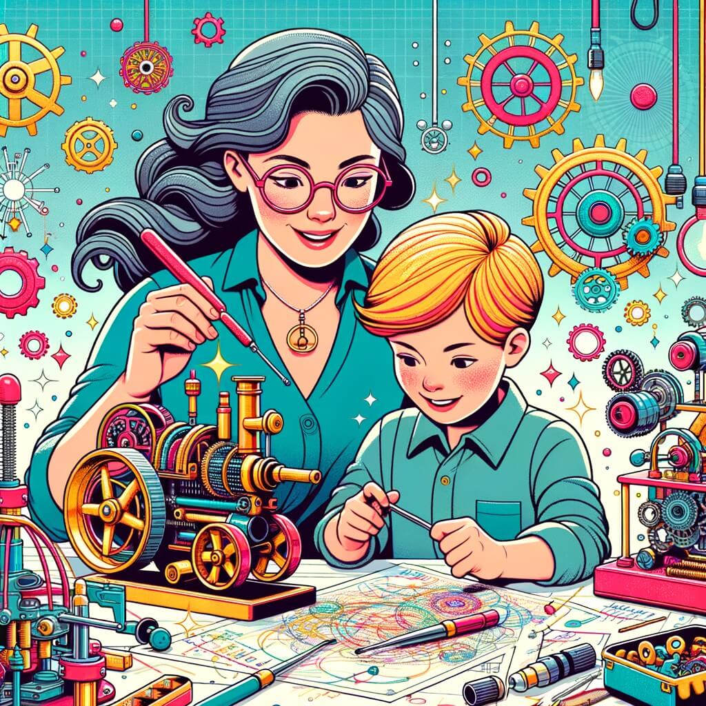 Une illustration pour enfants représentant une femme créative qui invente une machine extraordinaire capable de transformer n'importe quoi en quelque chose d'autre, dans son atelier de bricolage.
