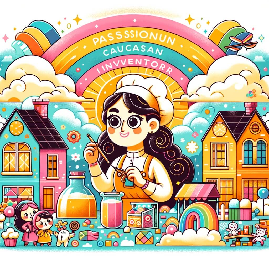 Une illustration destinée aux enfants représentant une inventrice passionnée, entourée de nuages sucrés, accompagnée de ses amis et évoluant dans un village coloré appelé Arc-en-Ciel.