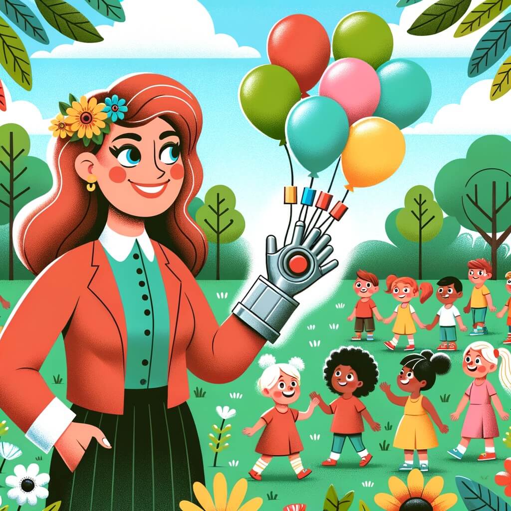 Une illustration destinée aux enfants représentant une femme inventive, entourée d'enfants curieux, dans un parc verdoyant et coloré, où elle présente fièrement son gant spécial équipé d'un aimant pour attraper les ballons plus facilement.