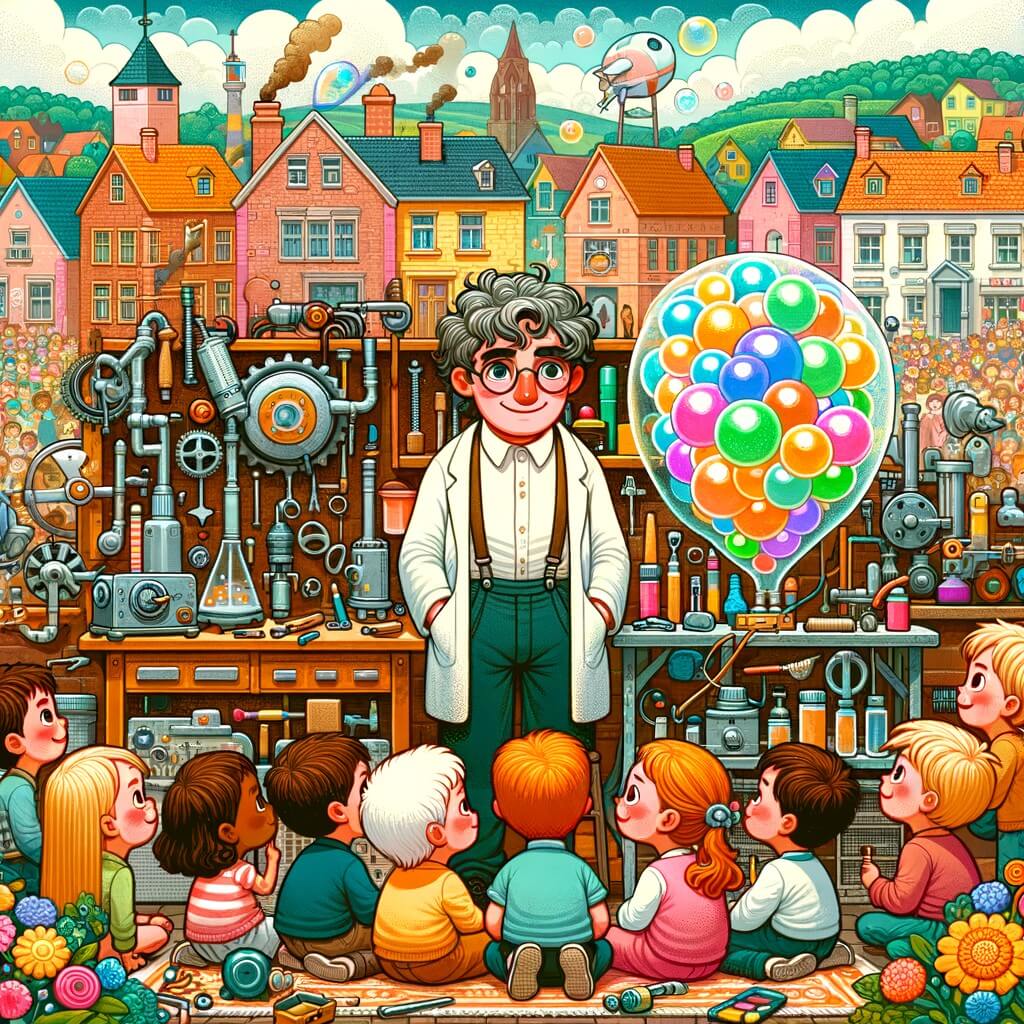 Une illustration pour enfants représentant un homme passionné d'inventions, travaillant dans son atelier situé dans une petite ville.