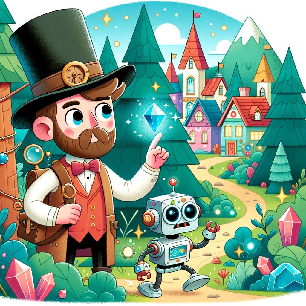 Une illustration destinée aux enfants représentant un homme passionné par les inventions, découvrant un cristal magique dans une forêt enchantée, accompagné de son fidèle robot farceur, dans la petite ville colorée de La Joie.
