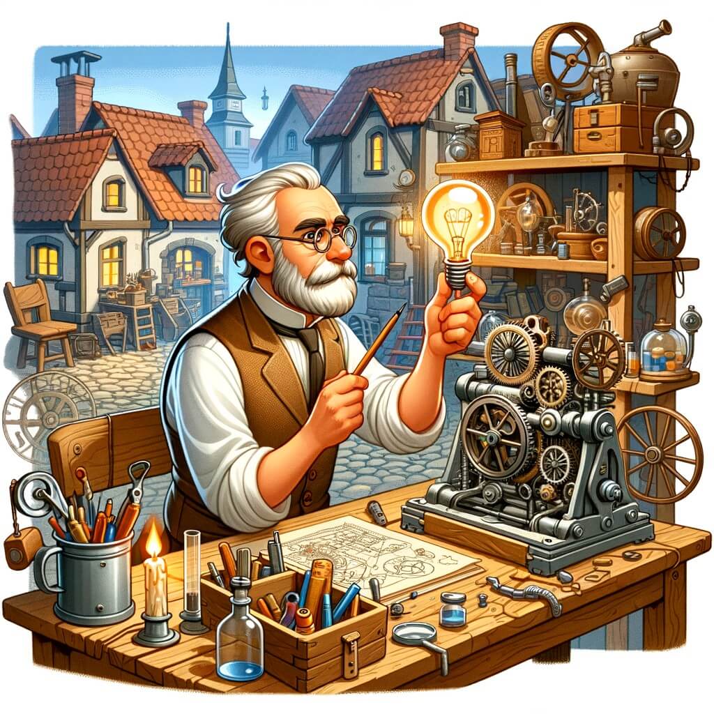 Une illustration pour enfants représentant un homme créatif et ingénieux, découvrant un mystérieux appareil dans son atelier, dans un petit village.