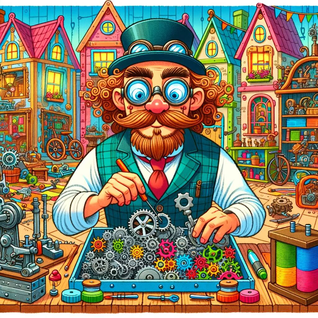 Une illustration pour enfants représentant un homme excentrique, entouré de machines et d'engrenages, dans son atelier, prêt à réaliser des inventions incroyables dans un village coloré appelé Joyeuxville.