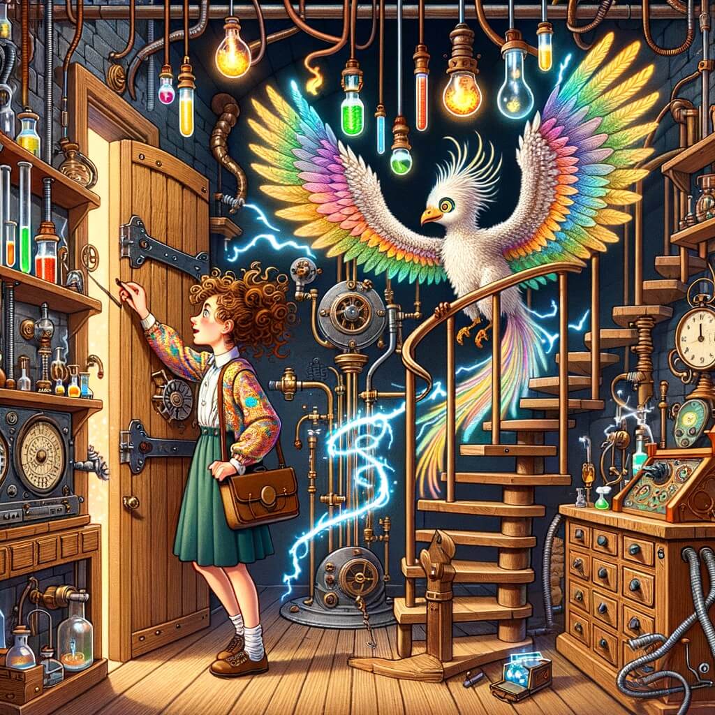 Une illustration pour enfants représentant une inventrice passionnée et créative, découvrant un laboratoire secret rempli de machines étranges, dans une petite ville animée.