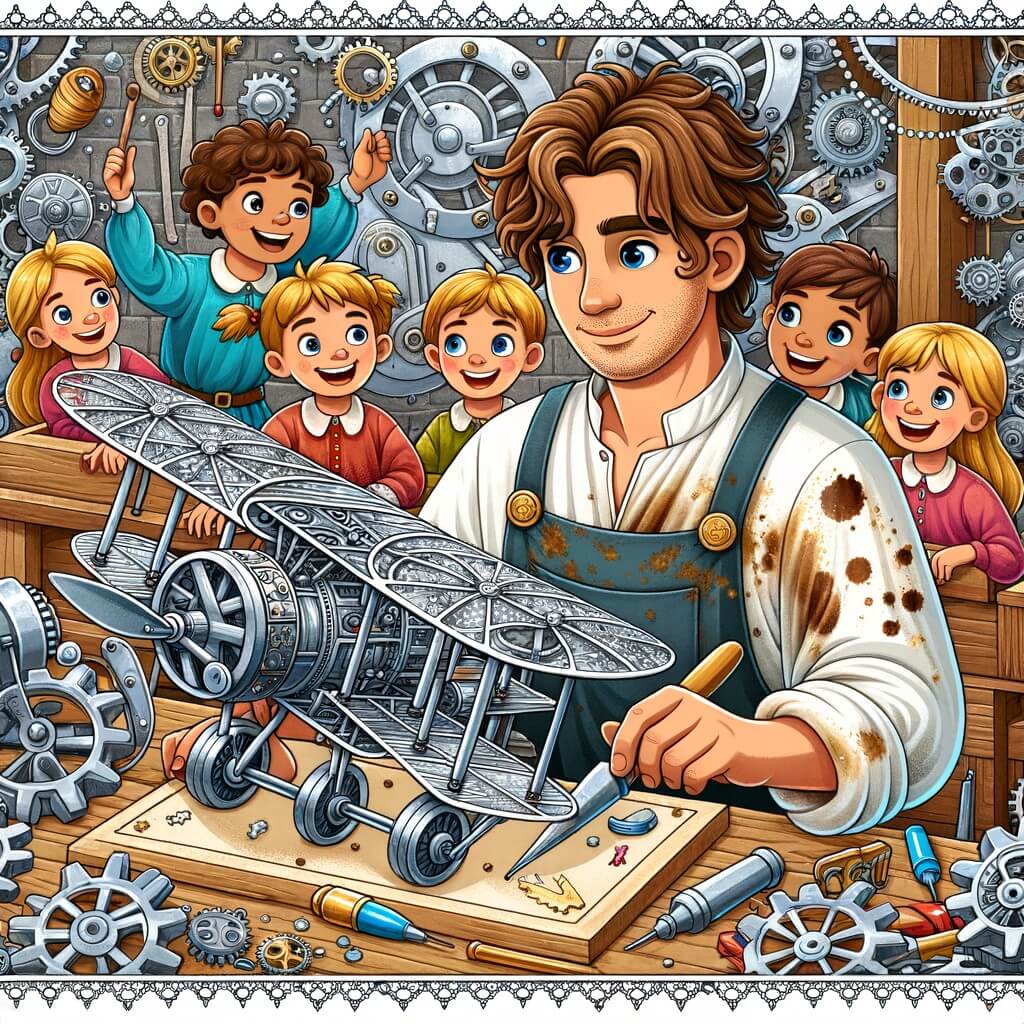 Une illustration destinée aux enfants représentant un homme aux cheveux ébouriffés, vêtu d'une blouse tachée, qui construit une incroyable machine volante, avec l'aide d'un joyeux groupe d'enfants, dans un atelier rempli d'engrenages, de rouages et de gadgets étincelants.