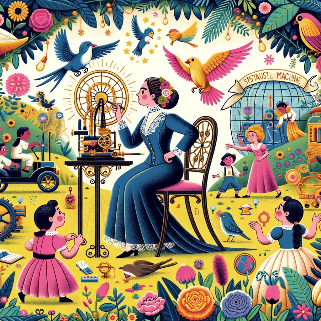 Une illustration destinée aux enfants représentant une femme audacieuse et créative, entourée de ses amis, dans un jardin rempli de fleurs colorées et d'oiseaux exotiques, où elle invente des machines incroyables pour rendre le monde meilleur.