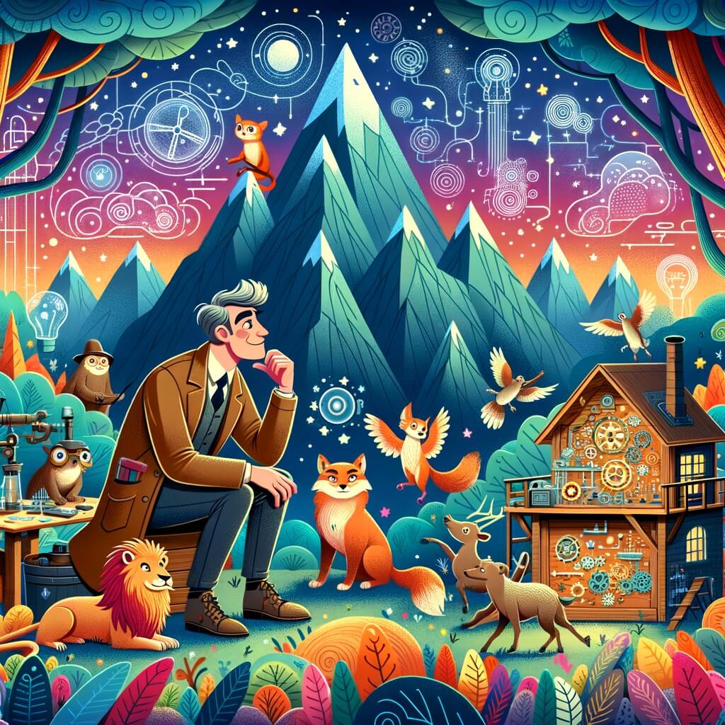 Une illustration destinée aux enfants représentant un inventeur talentueux et créatif, entouré de ses amis animaux, dans son atelier magique situé au sommet d'une montagne aux couleurs vives et aux arbres géants.
