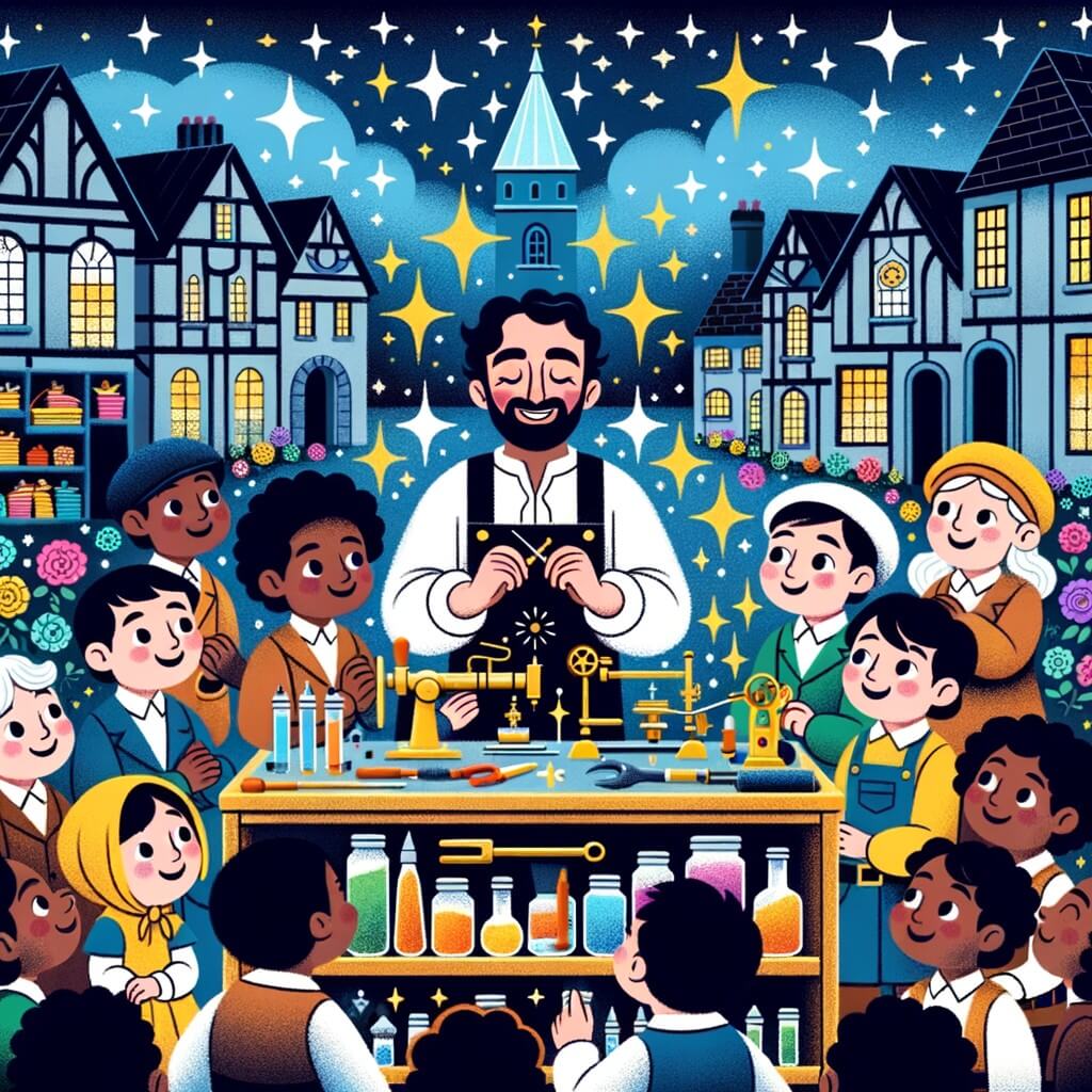 Une illustration pour enfants représentant un homme inventeur dans sa petite ville, créant des machines incroyables dans son atelier et inspirant les enfants à rêver et à explorer leur imagination.