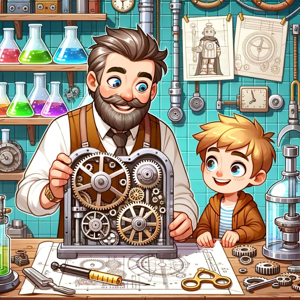 Une illustration pour enfants représentant un homme aux yeux brillants, construisant une machine à voyager dans le temps dans son atelier, situé dans une petite ville.