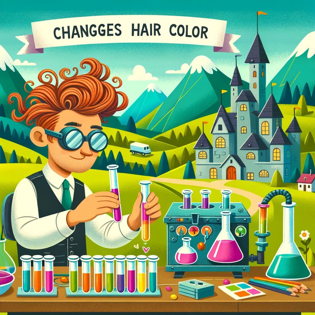 Une illustration pour enfants représentant un homme excentrique aux cheveux ébouriffés, vivant dans un petit village niché au cœur des montagnes, qui invente une machine farfelue capable de changer la couleur des cheveux.