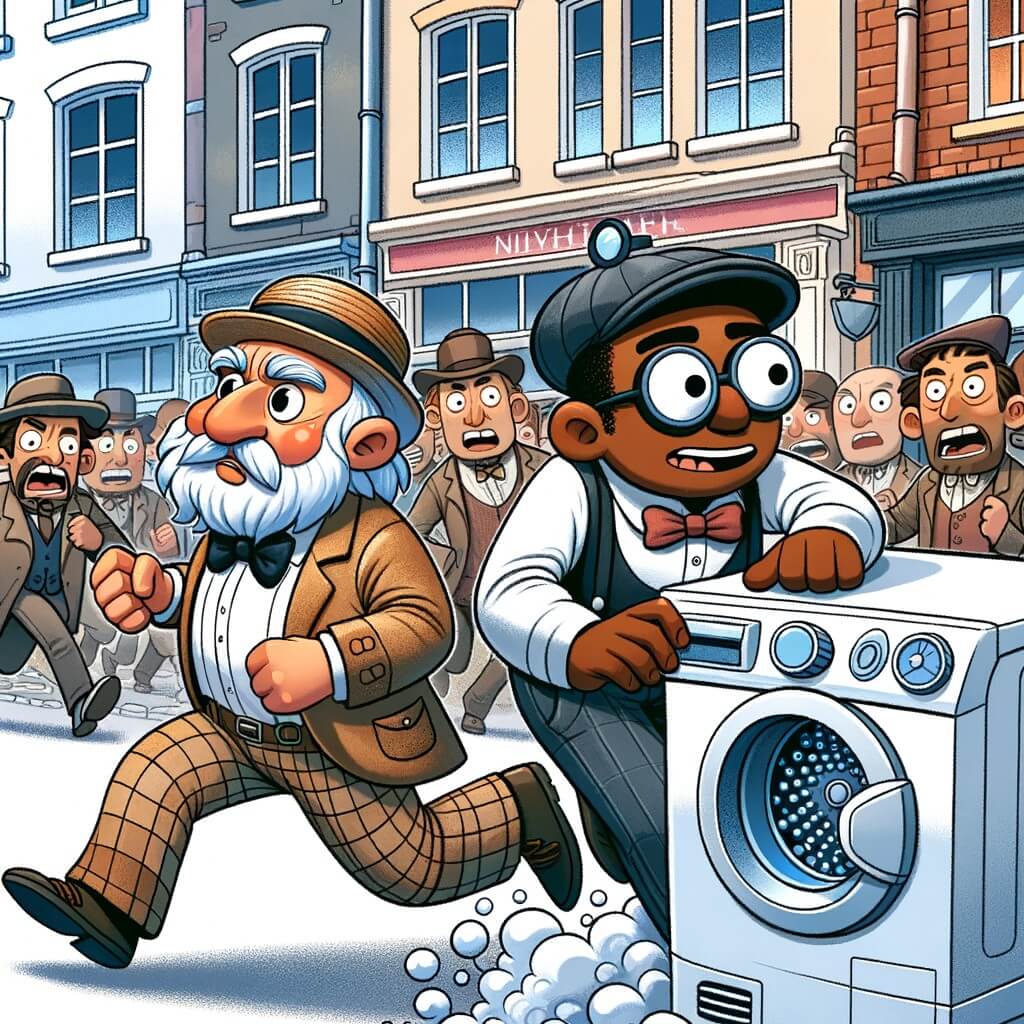 Une illustration pour enfants représentant un inventeur farfelu se retrouvant poursuivi par sa machine à laver en folie dans les rues animées d'une petite ville.