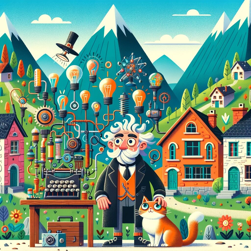 Une illustration destinée aux enfants représentant un homme excentrique, entouré d'inventions farfelues, accompagné de son chat curieux, dans un petit village niché au cœur des montagnes, avec des maisons colorées et des arbres luxuriants.