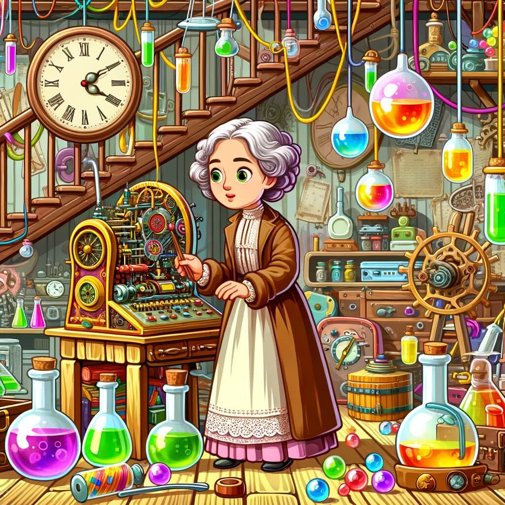 Une illustration destinée aux enfants représentant une femme excentrique, entourée d'inventions farfelues, testant sa machine à remonter le temps dans son grenier rempli de potions colorées et de machines étranges.
