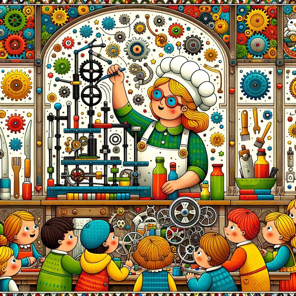 Une illustration destinée aux enfants représentant une femme excentrique et pleine d'imagination, créant une invention farfelue avec l'aide d'un groupe d'enfants curieux, dans une cuisine colorée remplie de rouages, d'engrenages et de ressorts.