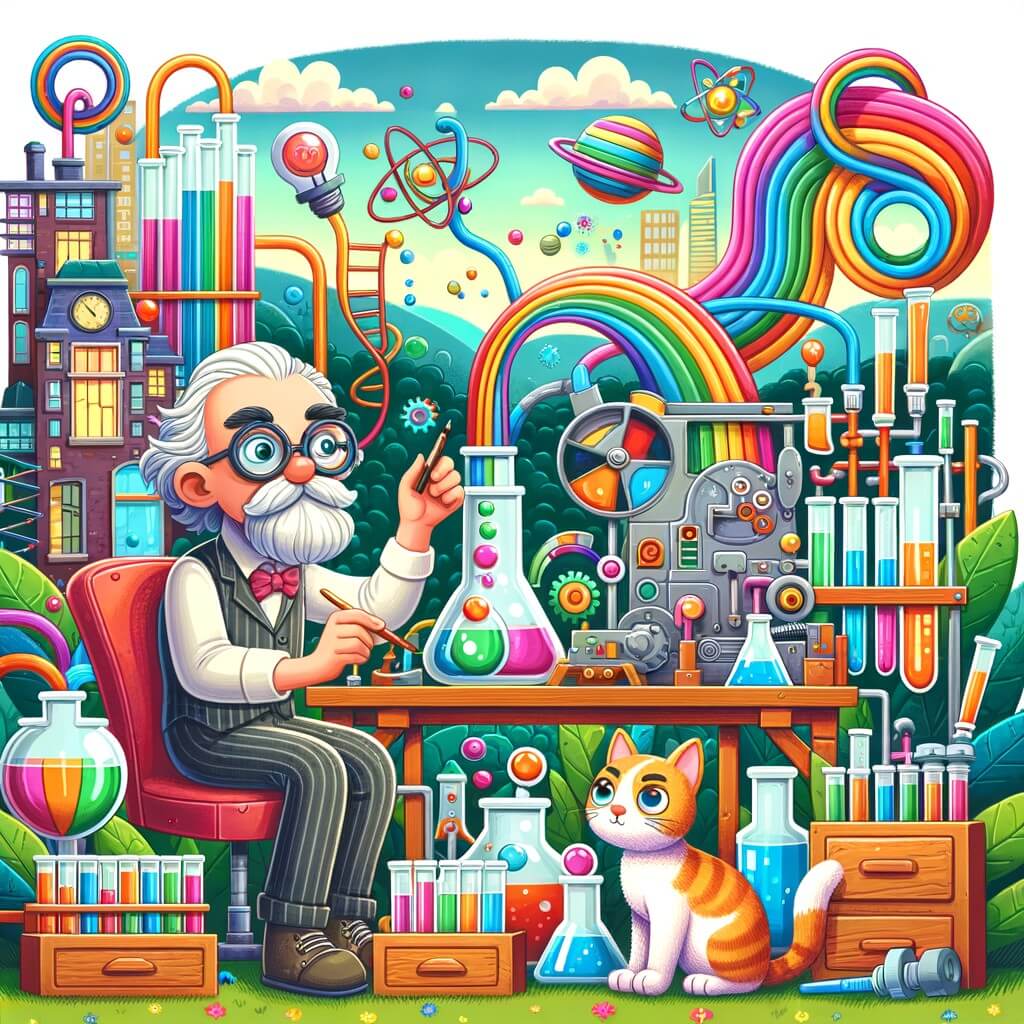 Une illustration pour enfants représentant un inventeur farfelu, dans son laboratoire, créant une machine pour cloner des objets en trois dimensions.