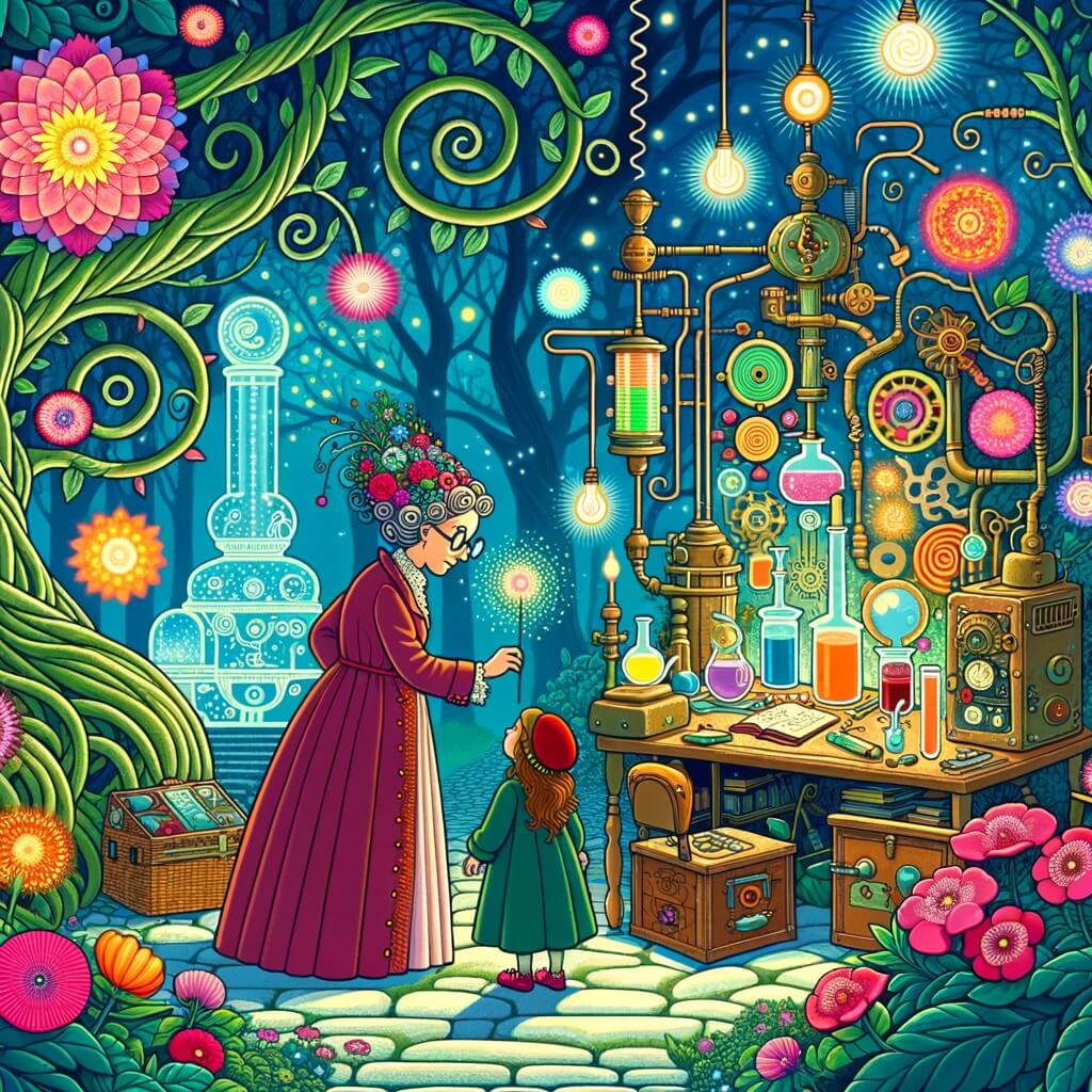 Une illustration pour enfants représentant une femme scientifique farfelue qui invente des créatures robotiques incroyables, dans son laboratoire secret caché dans un bâtiment abandonné.